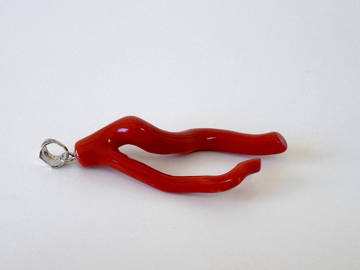 Momo Coral Branch Pendant: Japanese Coral Jewelry, Vermilion Orange (44mm, Rhodium-Plated Silver Bail)