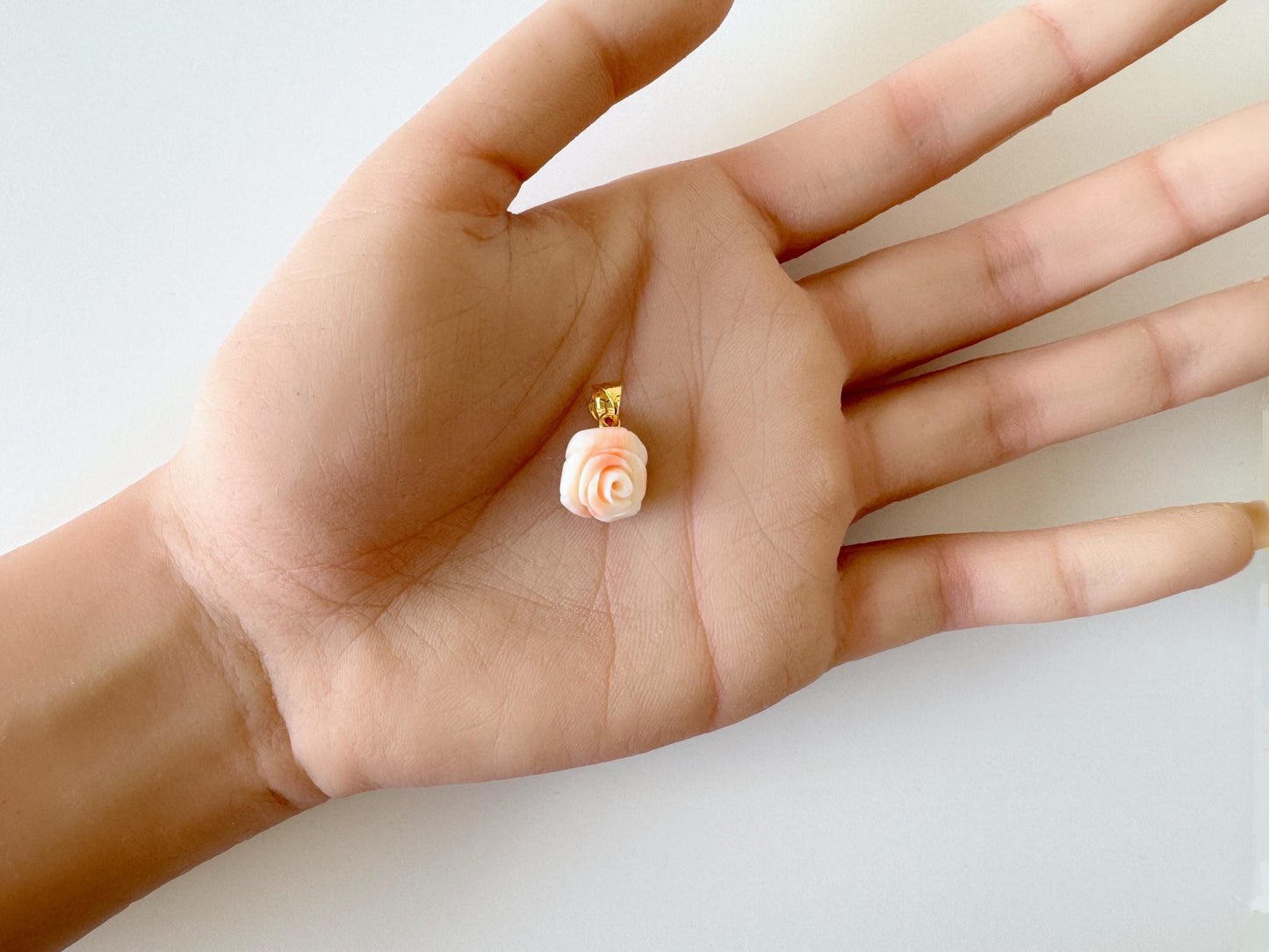 Deep Sea Coral Rose carved Pendant, 13.5x11.4mm, Natural Pink/White Color Coral, Silver (gold plated) bail, Genuine Coral Pendant