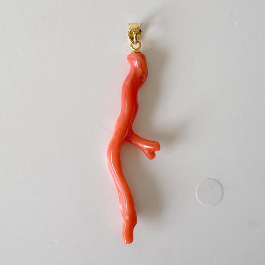 Coral Branch Pendant Natural Deep Sea Coral: Orange Pink Color, Gold-Plated Silver Bail (53mm Length, Jewelry)