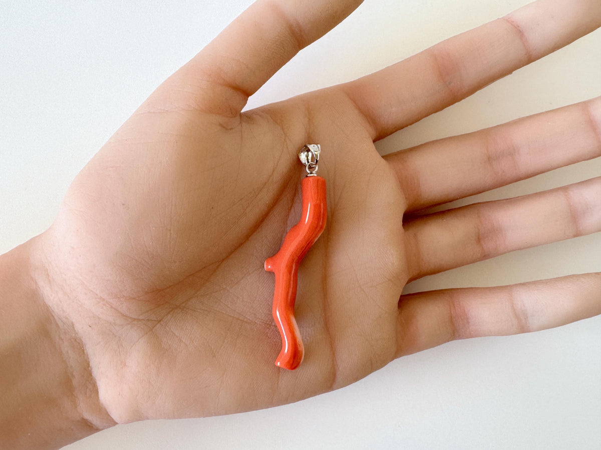 Momo Coral Branch Pendant Natural Jewelry, Japanese Orange Coral (47mm Length, Rhodium-Plated Silver Bail)