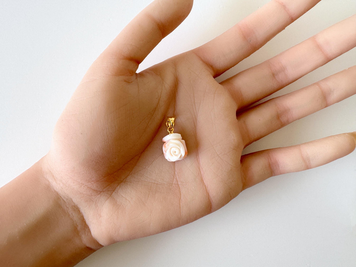Deep Sea Coral Rose carved Pendant, 13.8x11.3mm, Natural Pink/White Color Coral, Silver (gold plated) bail, Genuine Coral Pendant
