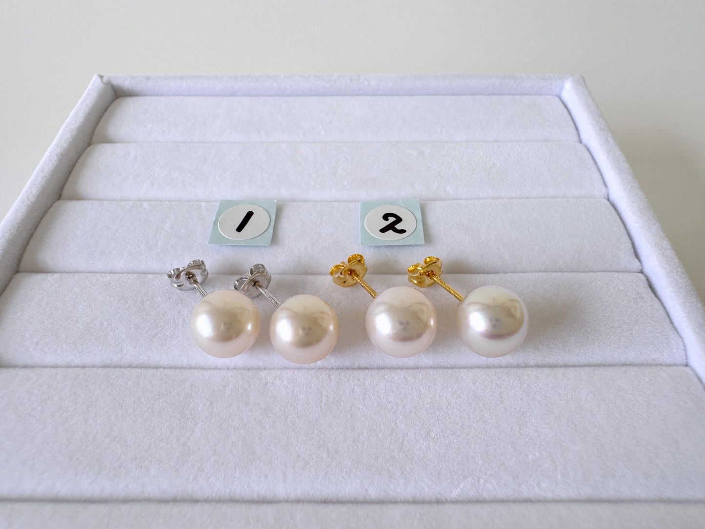 Japanese White Akoya Pearl Stud Earrings, 8.5mm, Silver 925 Post/Ear Nuts, Genuine Akoya Pearl, Salt water cultured pearl