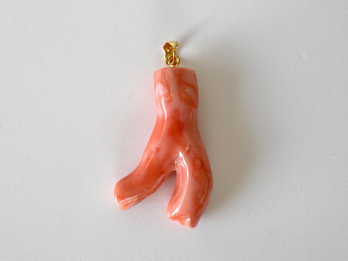 Coral Branch Pendant Jewelry: Deep Sea Pink-Orange Natural Coral, Gold-Plated Silver Bail (38mm)