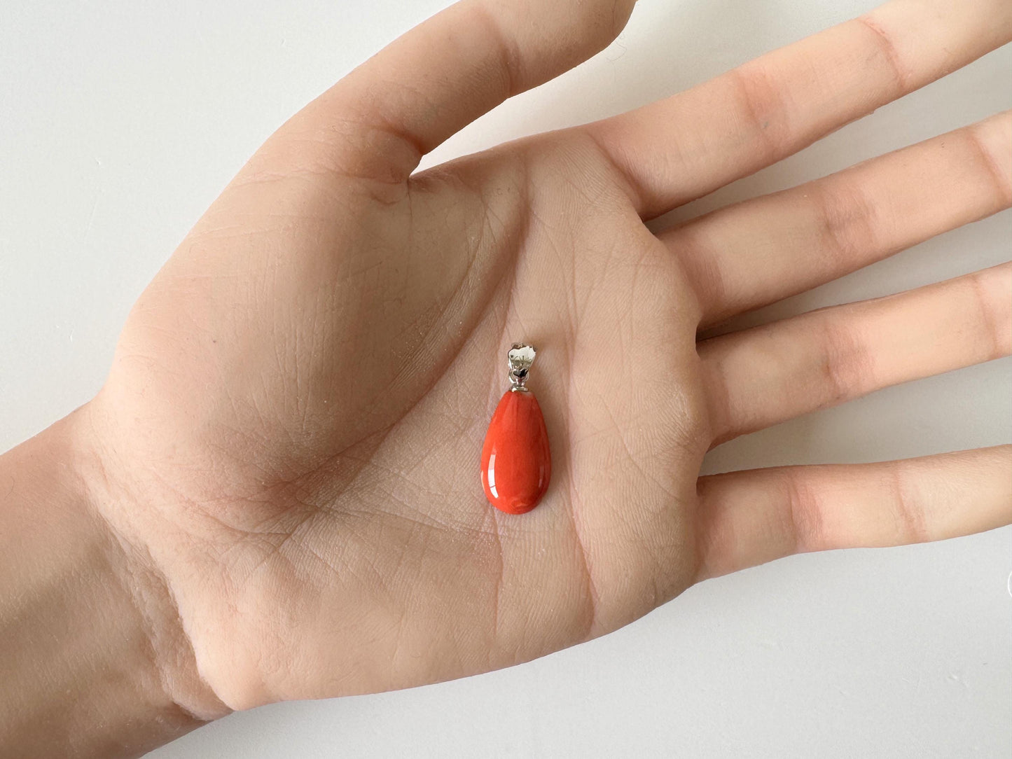 Orange Momo Coral Pendant - Natural Pear Shaped Coral Jewelry - Silver Bail (Rhodium-Plated), Genuine Material, 18x10.4mm