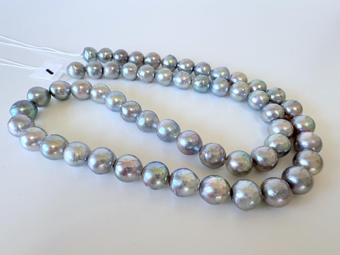 Japanese Akoya Pearl Strand - Cultured Semi-Round Beads - Natural Blue Silver Color, 7-7.5mm Size, Full 40cm Length
