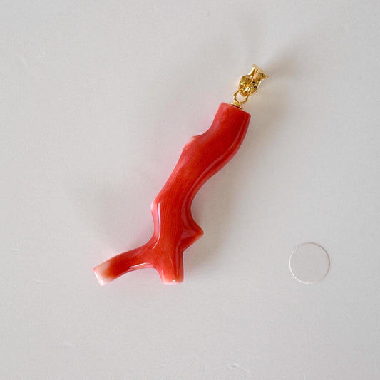 Momo Coral Branch Pendant Natural, Japanese Orange Coral (42mm Length, Silver Gold-Plated Bail, Genuine)