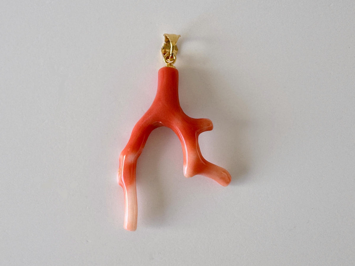 Momo Coral Branch Pendant Natural, Japanese Orange Coral (40mm Length, Silver Gold-Plated Bail, Genuine)