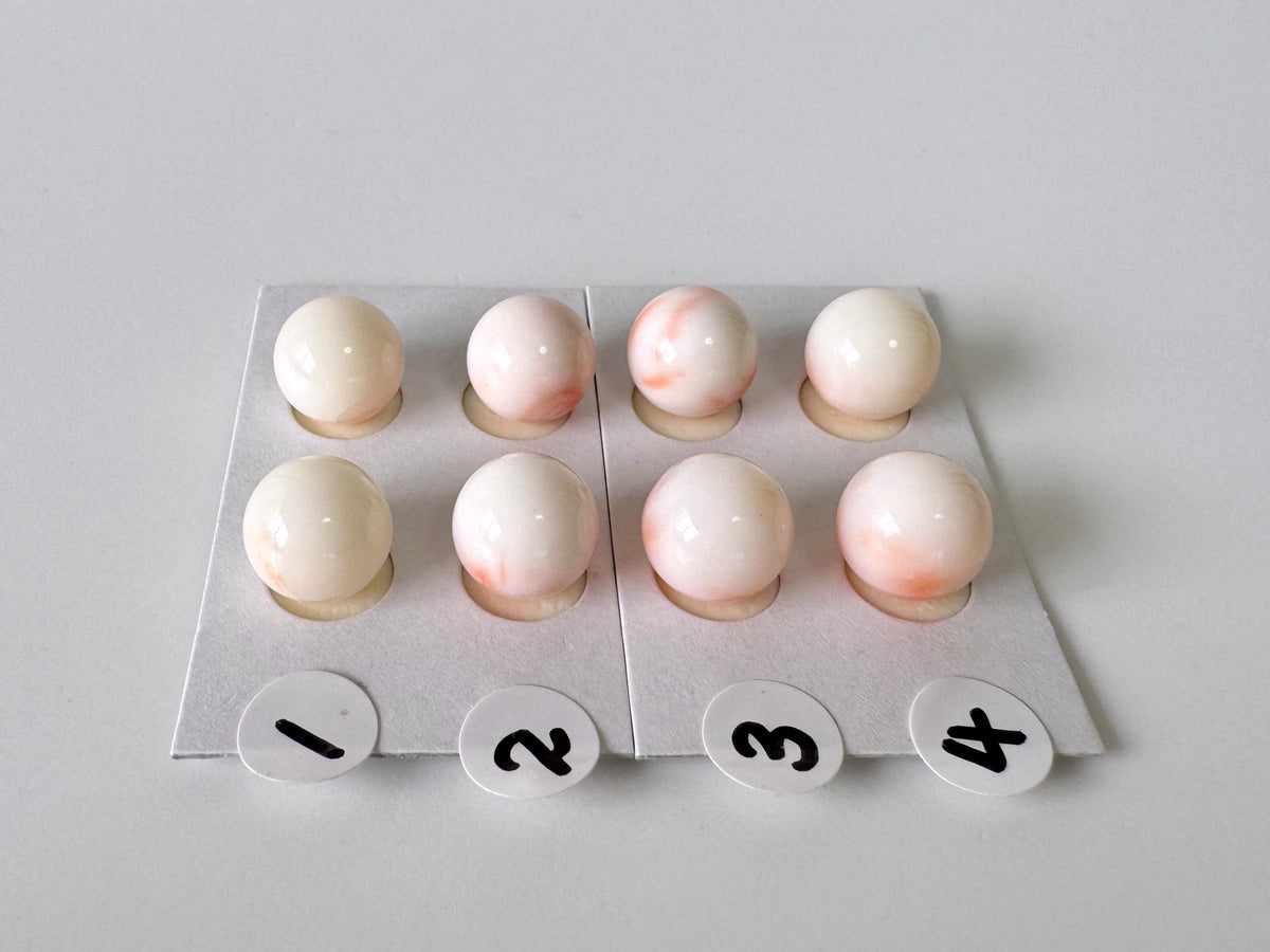 Deep Sea Coral Natural Round Beads, Half Drilled Pair, White Pink (9-9.5mm Diameter, Organic Gemstone)