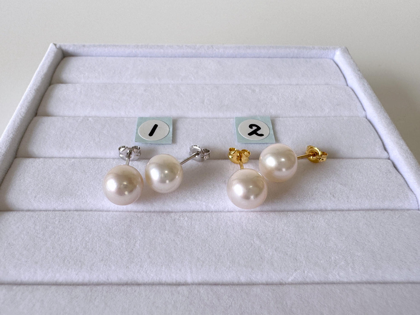 Japanese White Akoya Pearl Stud Earrings, 8.5mm, Silver 925 Post/Ear Nuts, Genuine Akoya Pearl, Salt water cultured pearl