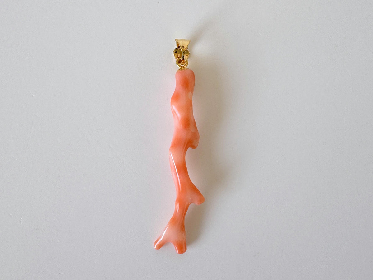 Coral Branch Pendant: Natural Pink Orange Deep Sea Coral - Gold-Plated Silver Bail, 45mm Length