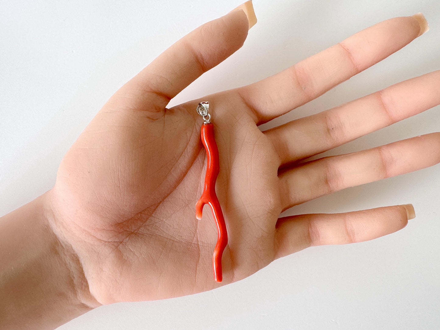 Natural  Momo coral branch pendant, 60mm, Natural Japanese Orange color coral branch pendant, Silver (Rhodium-Plated) bail