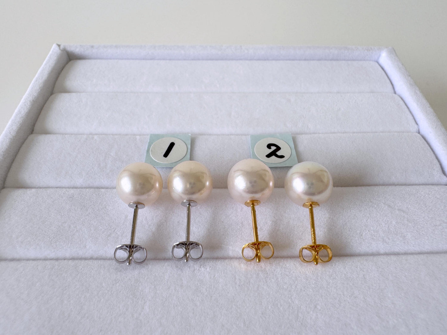 Japanese White Akoya Pearl Stud Earrings, 8.5mm, Silver 925 Post/Ear Nuts, Genuine Akoya Pearl, Salt water cultured pearl