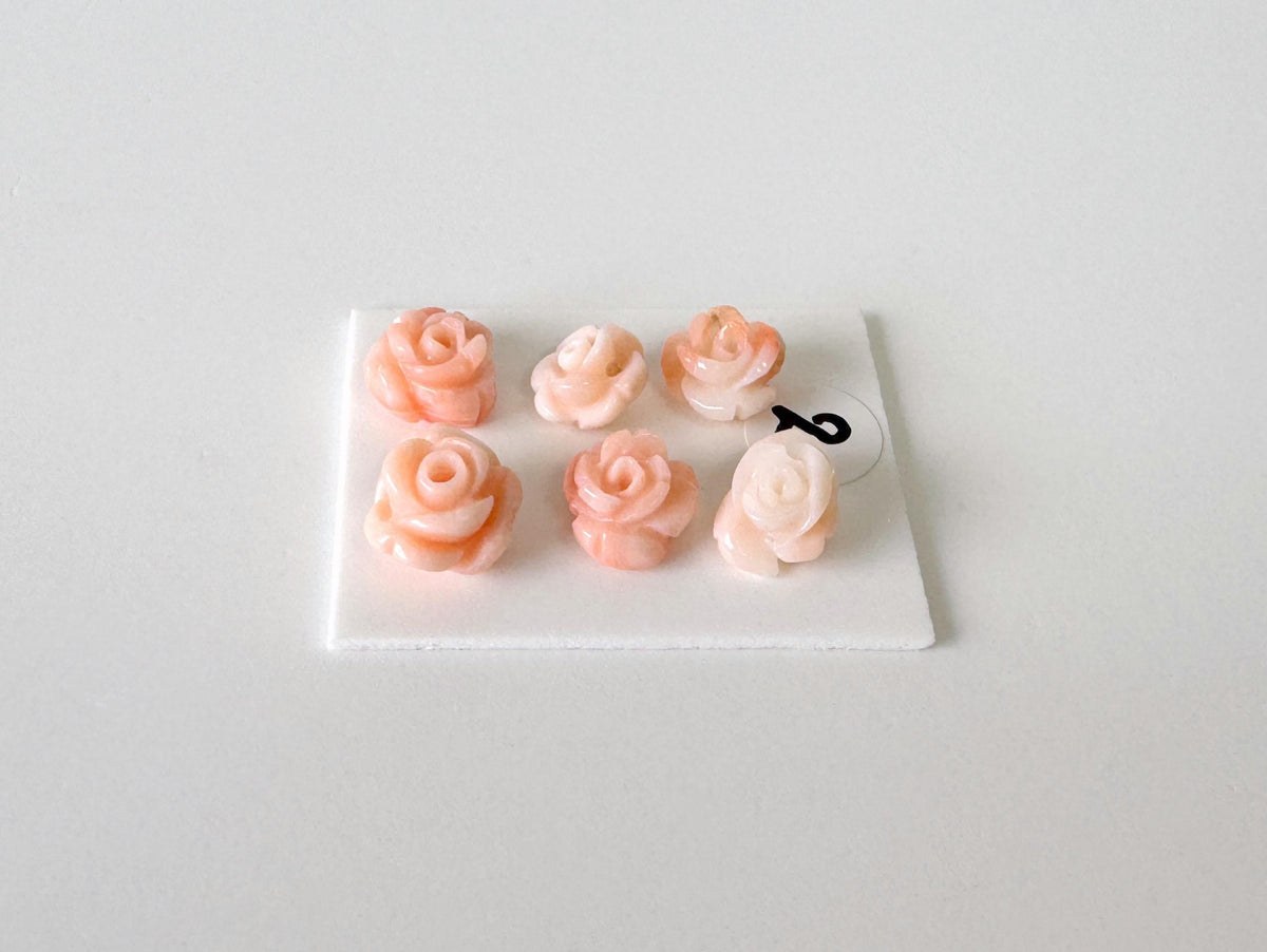 Pink Coral Rose Carvings Handmade Beads, Natural Deep Sea Coral (Value Priced Set, Drilled Holes, 6pcs 7-9mm)