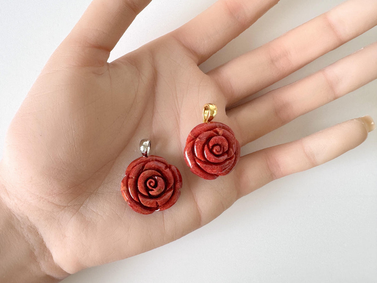 Sponge Coral Rose Pendant, Red, 20mm (Brass Bail)