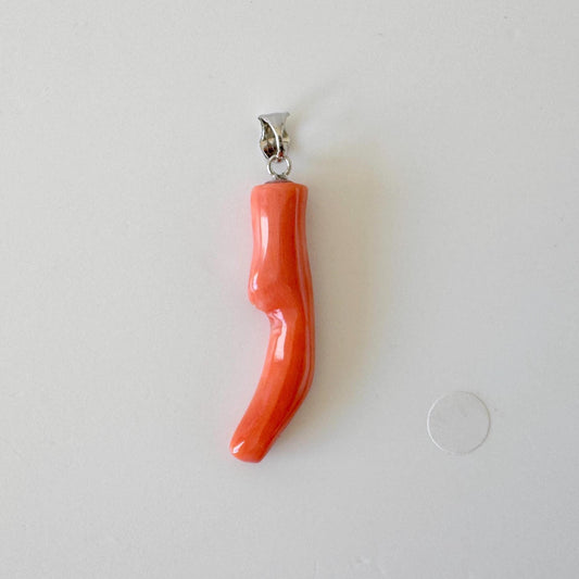 Momo Coral Branch Pendant Natural Jewelry, Japanese Orange Coral (35mm Length, Rhodium-Plated Silver Bail)