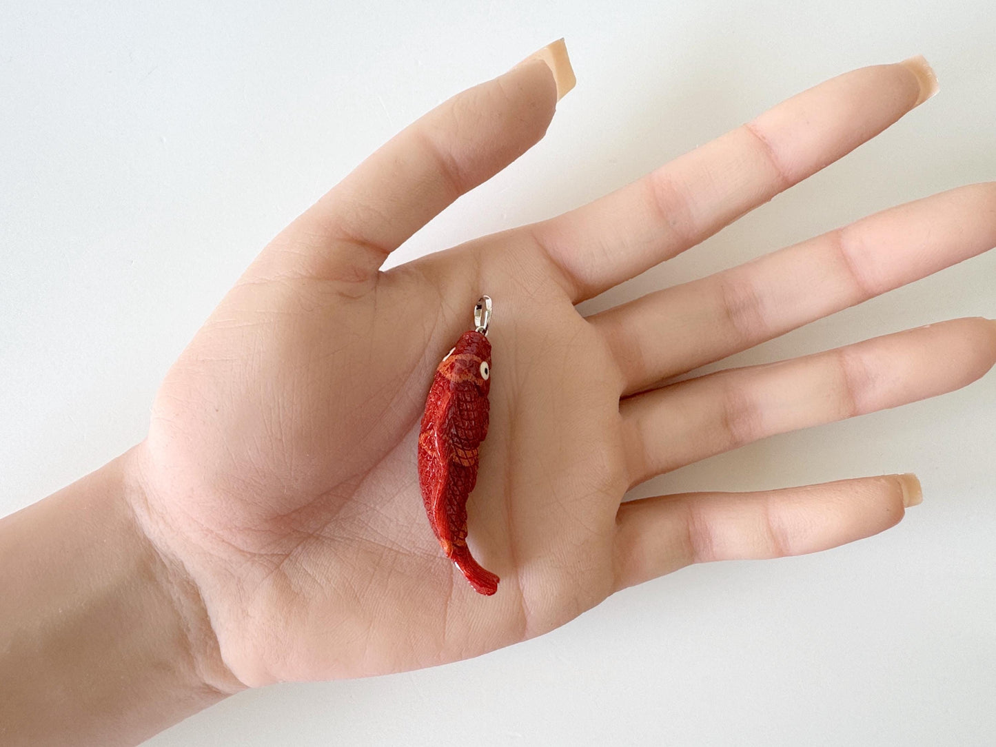 Natural Sponge Coral Carp Carving Pendant, 45mm, Apple Coral Fish Carving, Silver Bail (Rhodium plated)