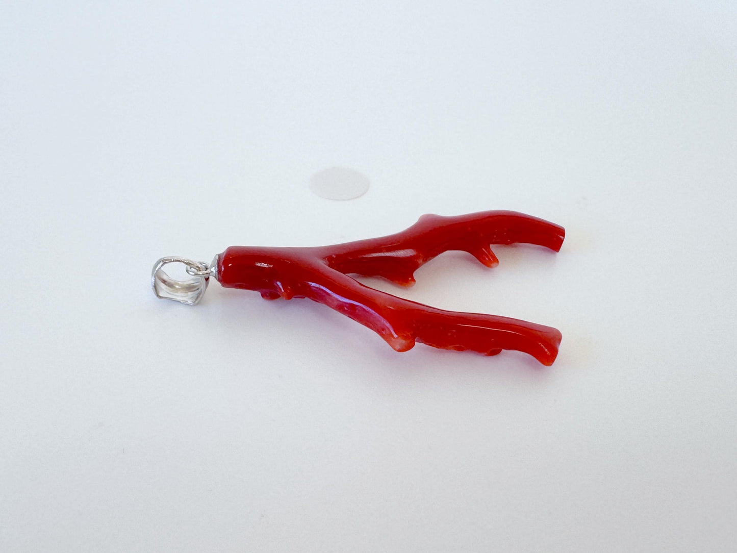 Natural Red Coral Branch Pendant: Oxblood Japanese Aka Coral, Rhodium Plated Silver Bail, 41mm