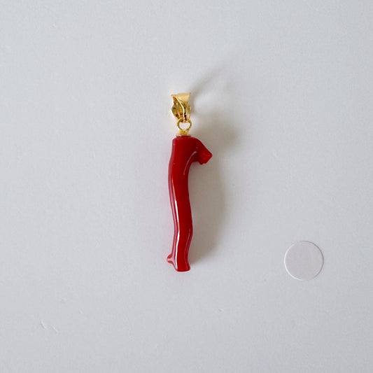 Natural Red (Aka) Coral Branch Pendant, Oxblood, Natural Color Japanese Coral, Length 22mm, Silver bail (gold plated)