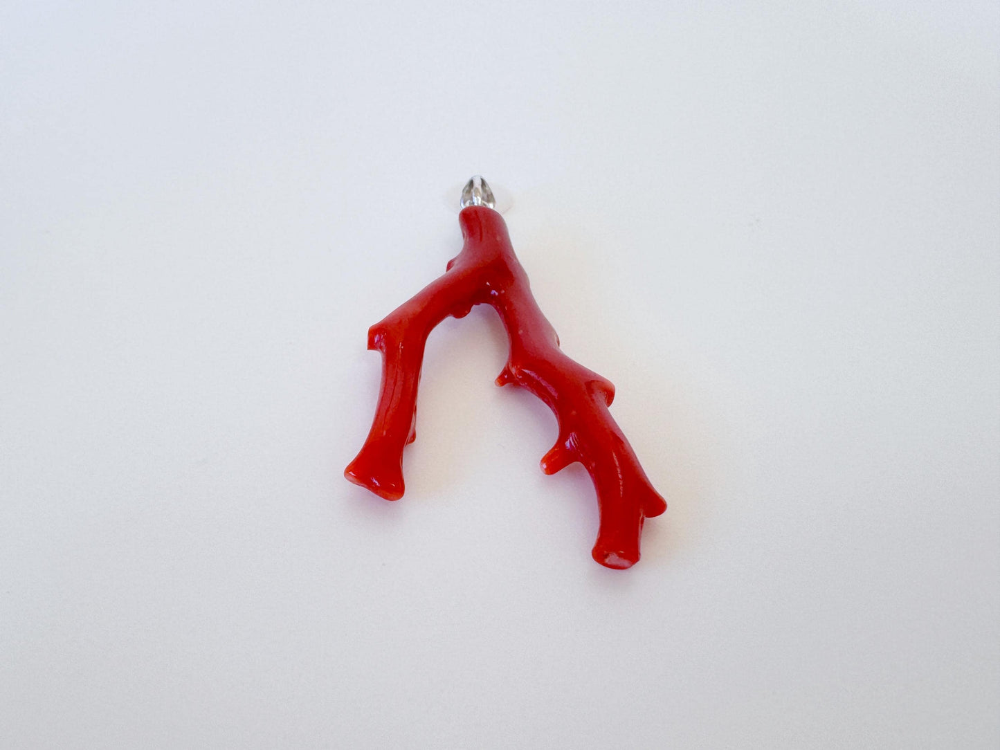 Natural Red Coral Branch Pendant: Oxblood Japanese Aka Coral, Rhodium Plated Silver Bail, 41mm