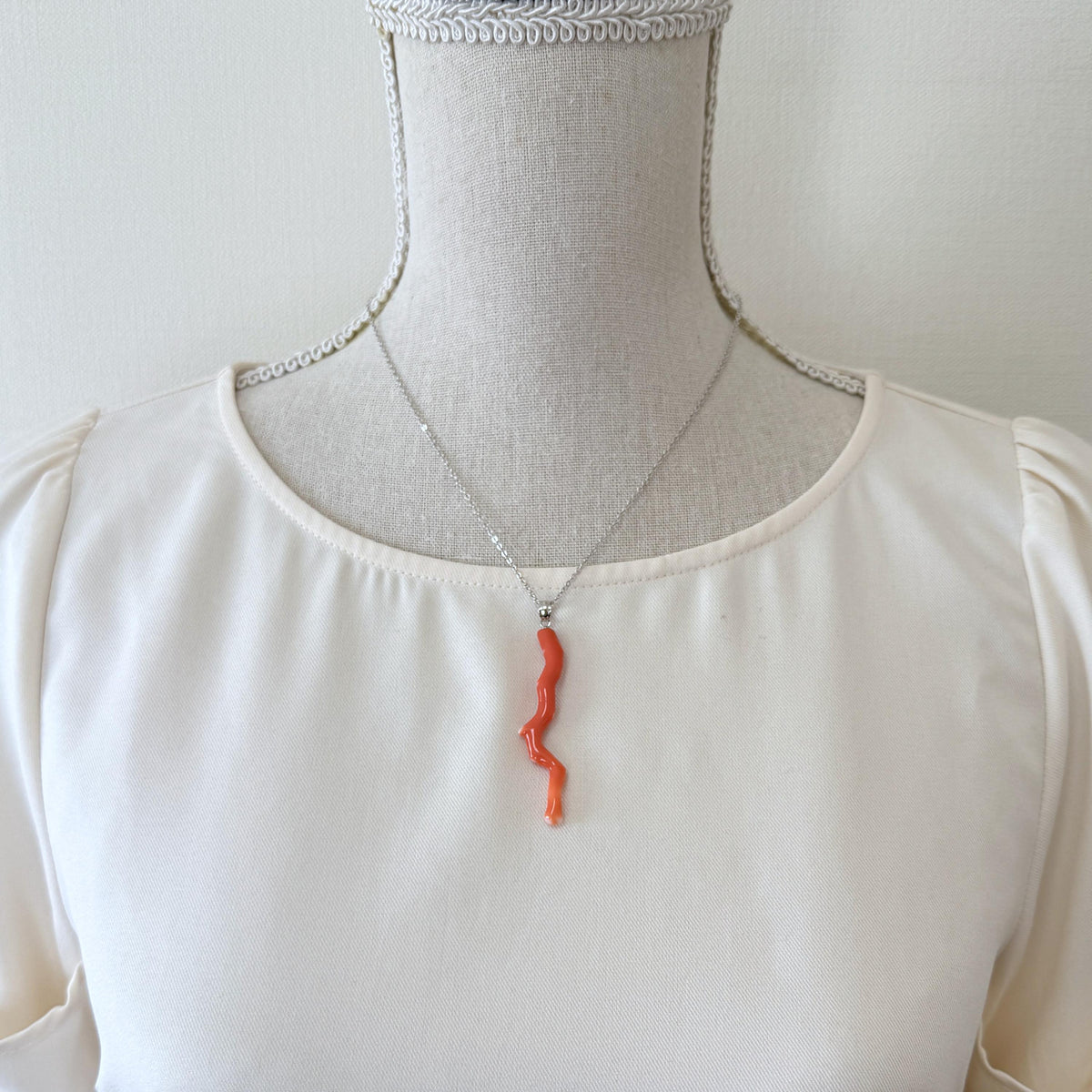 Momo Coral Branch Pendant Natural Jewelry, Japanese Orange Coral (55mm Length, Rhodium-Plated Silver Bail)