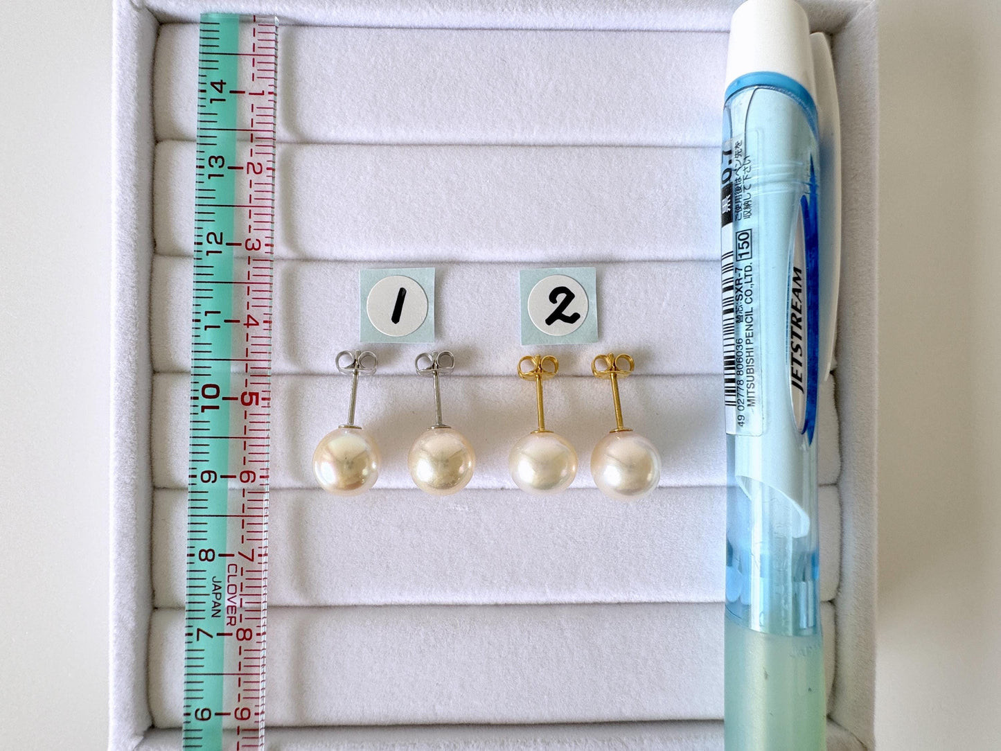 Japanese Akoya Pearl Stud Earrings - Cultured White Pearls, 8.5mm Size, Silver 925, Elegant Everyday Wear