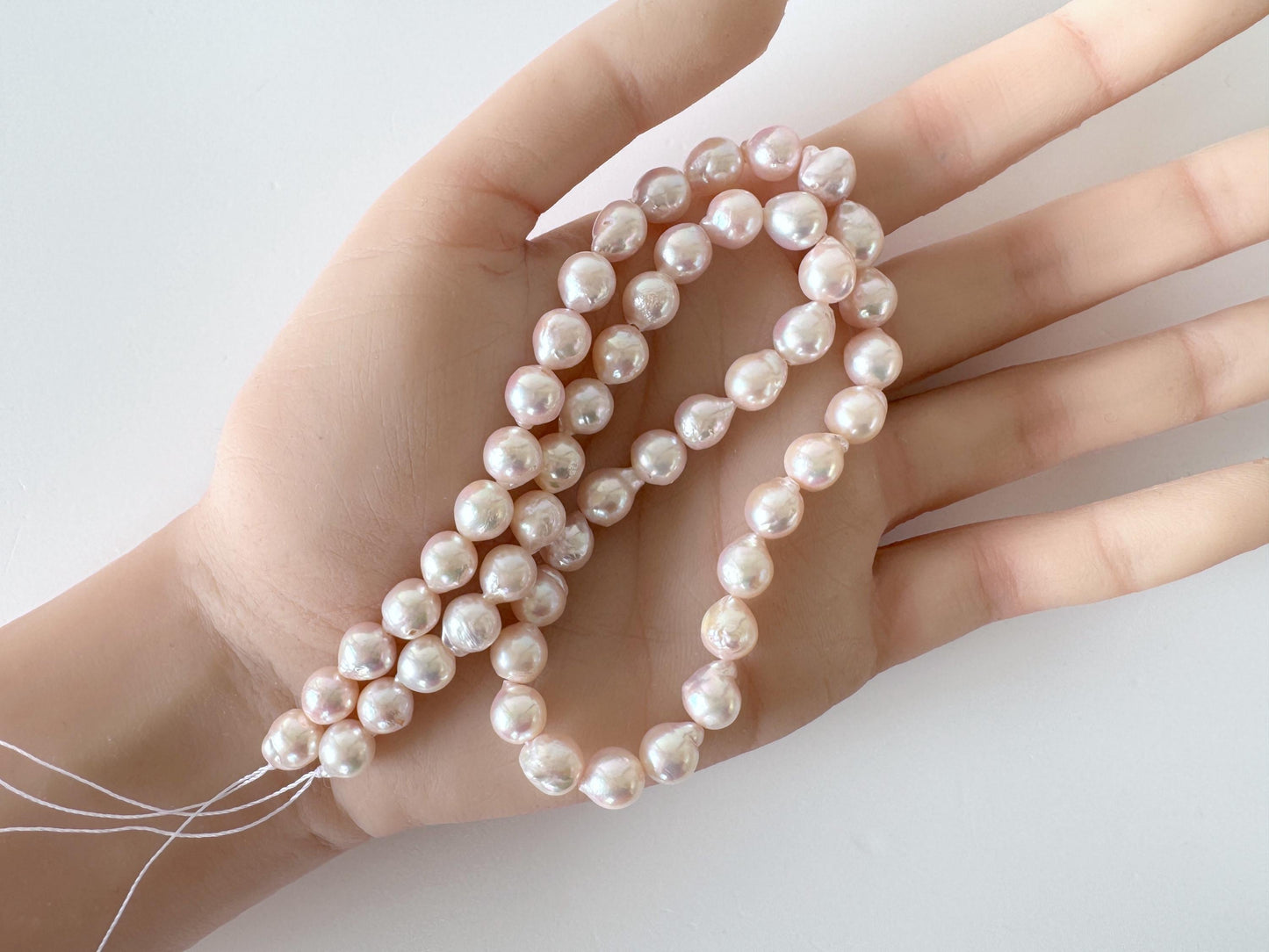 Japanese Akoya Pearl Strand 7-7.5mm Baroque Beads, White Pink Overtone (40cm, Saltwater Cultured)