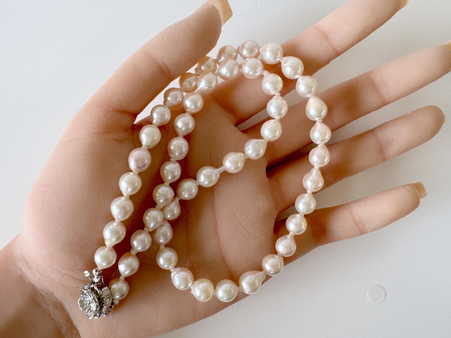 Japanese Akoya Pearl - Baroque Necklace - White Pink Overtone, 7-7.5mm Cultured Pearls, Silver Clasp, 45cm