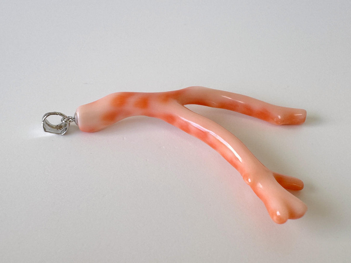 Coral Branch Pendant - Natural Deep Sea Coral Jewelry - Pink Orange Branch, Rhodium-Plated Silver Bail, 54mm Length
