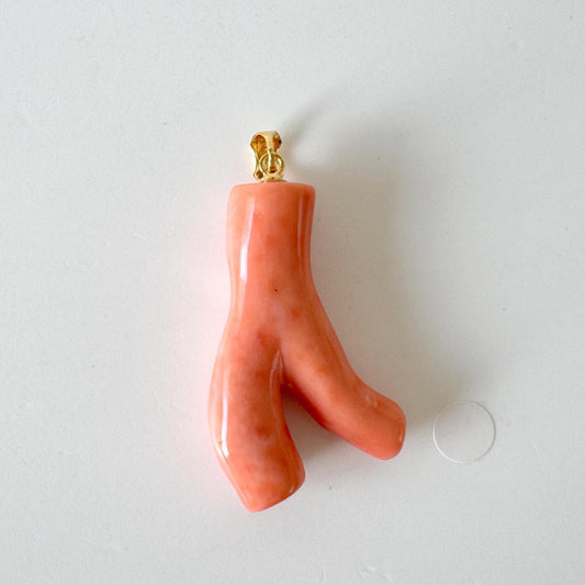 Coral Branch Pendant Jewelry: Deep Sea Pink-Orange Natural Coral, Gold-Plated Silver Bail (38mm)