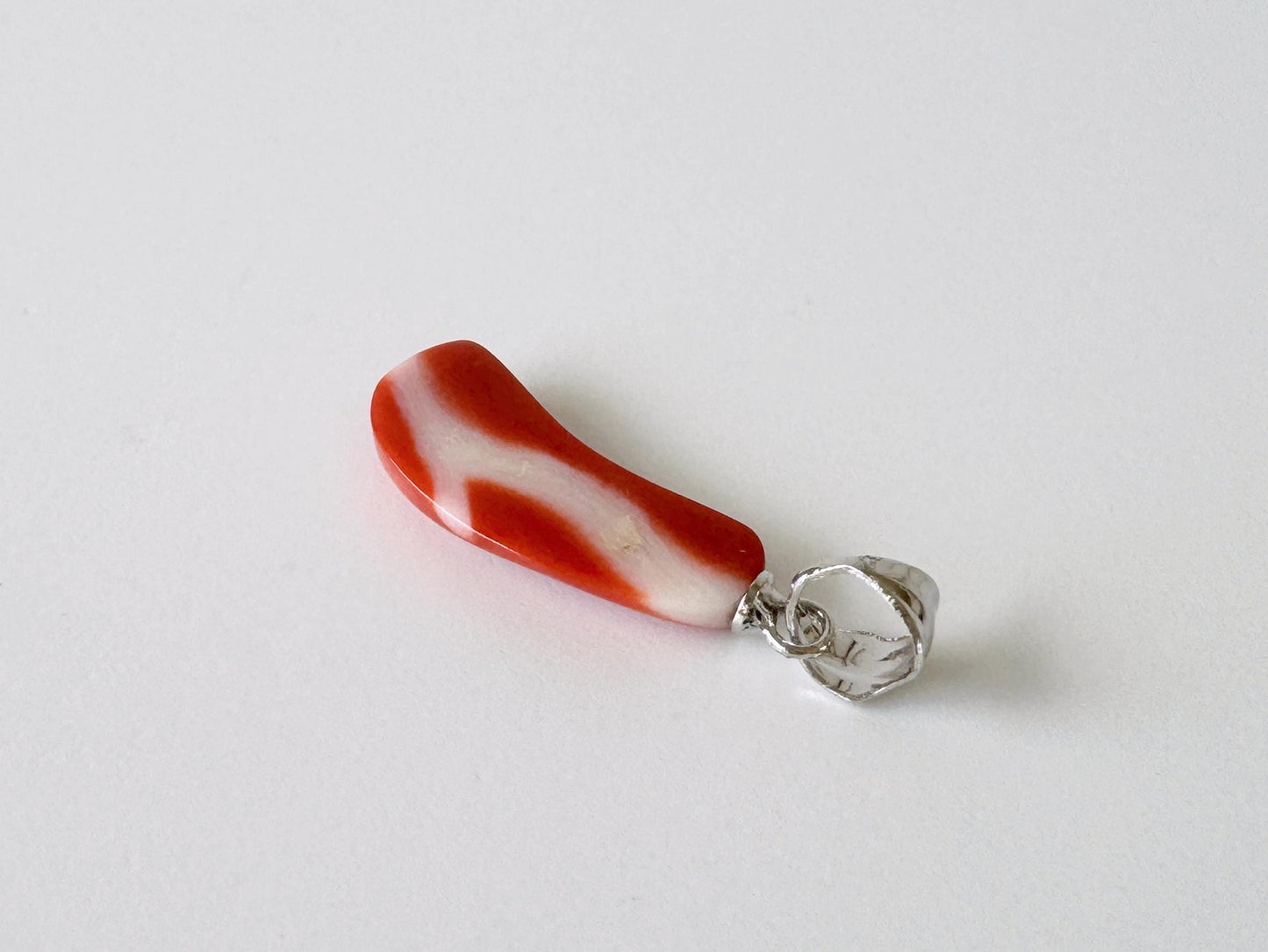 Orange Momo Coral Pendant - Natural Unique Shape Coral Jewelry - Silver Bail (Rhodium-Plated), Genuine Material, 19x7.8mm