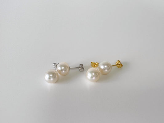 Japanese White Akoya Pearl Stud Earrings, 8.5mm, Silver 925 Post/Ear Nuts, Genuine Akoya Pearl, Salt water cultured pearl