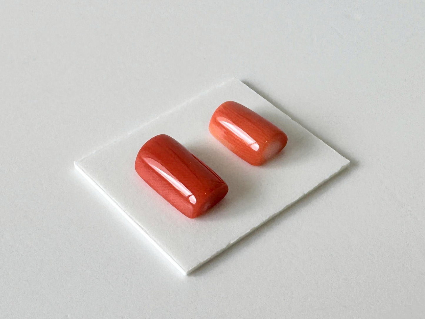 Momo Coral D-Shaped Cabochons | Japanese Orange Gemstone | Half-Drilled 2 Pcs, 10.3X6mm & 8.3X5.6mm