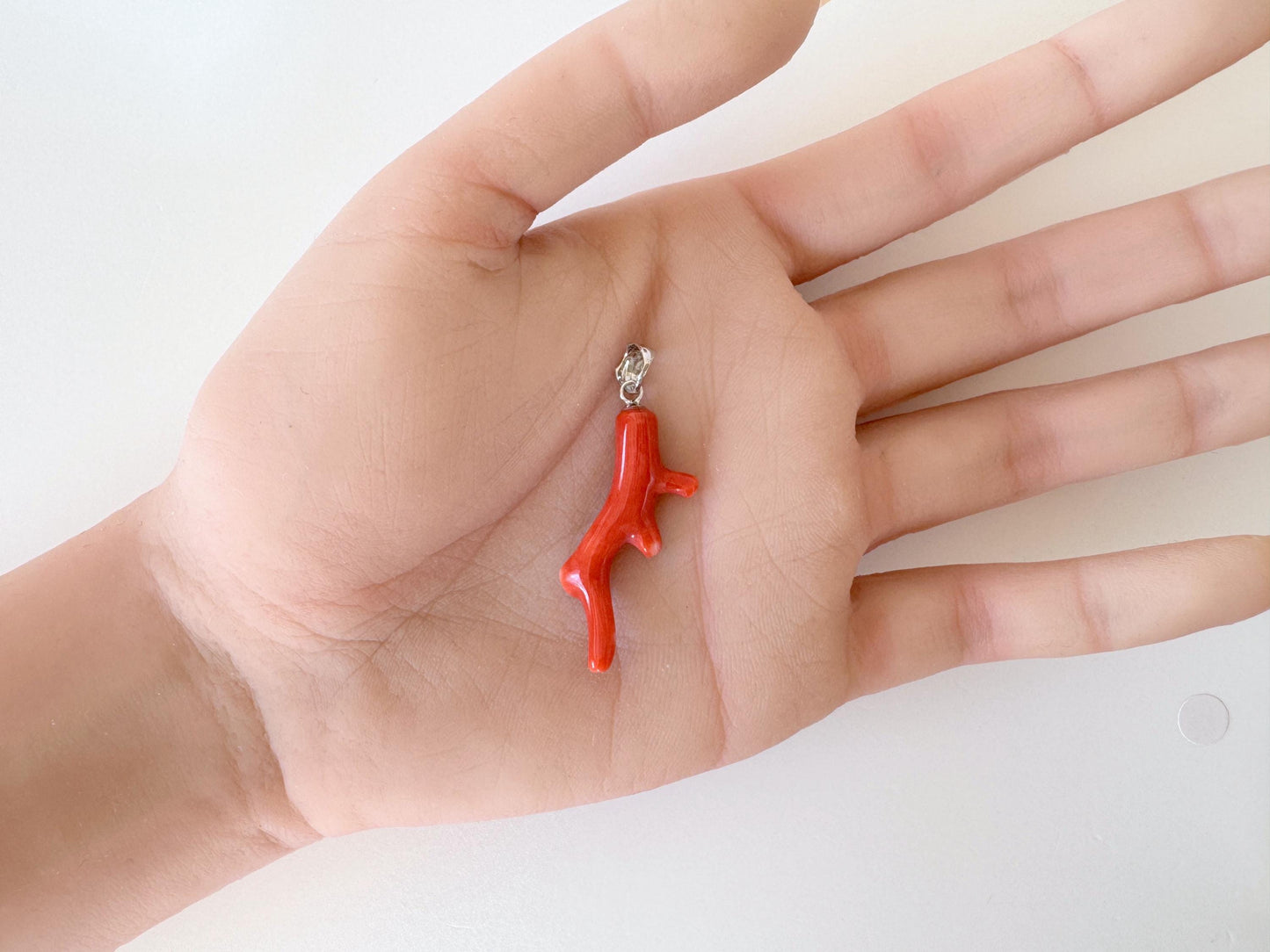 Momo Coral Branch Pendant: Japanese Orange Coral, Rhodium Silver Bail | Natural Deep Sea Jewelry, 34mm Length