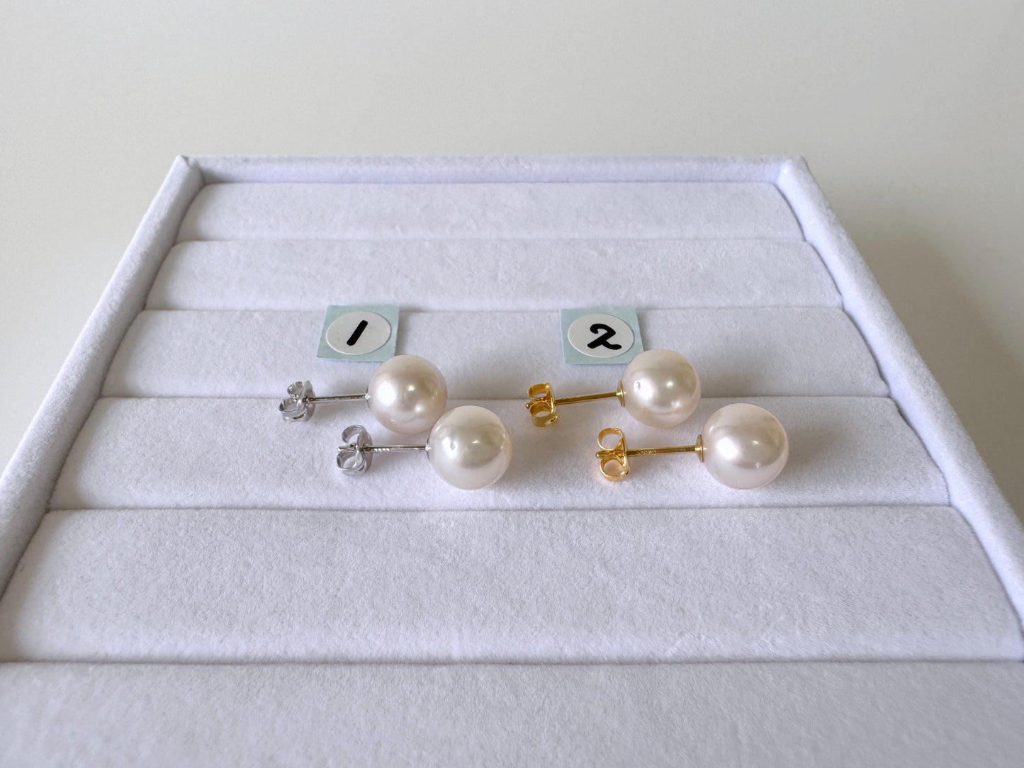 Japanese White Akoya Pearl Stud Earrings, 8.5mm, Silver 925 Post/Ear Nuts, Genuine Akoya Pearl, Salt water cultured pearl