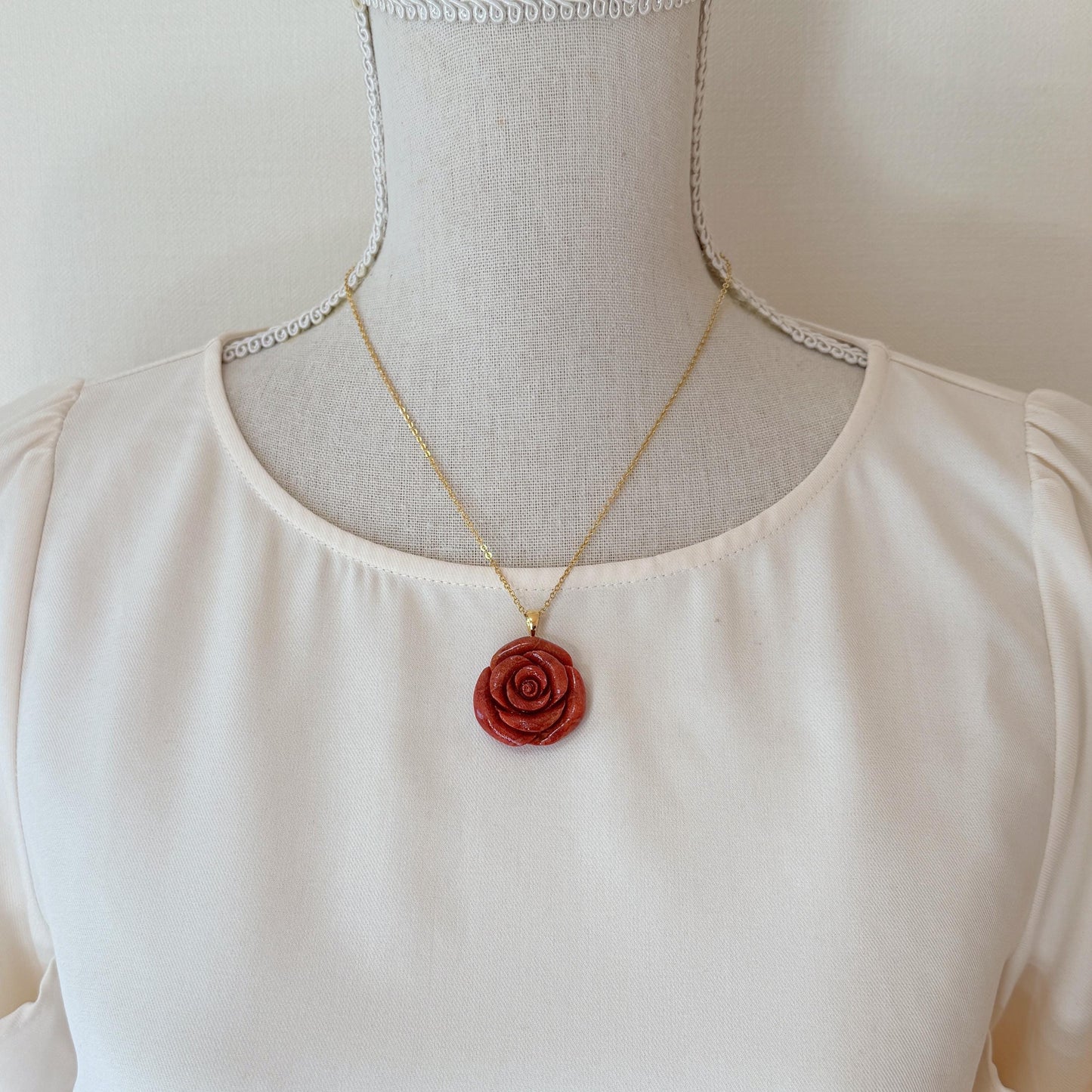Sponge Coral Rose Pendant - Reddish-Brown Carved Jewelry - 30mm Diameter, Brass Bail, Apple Coral