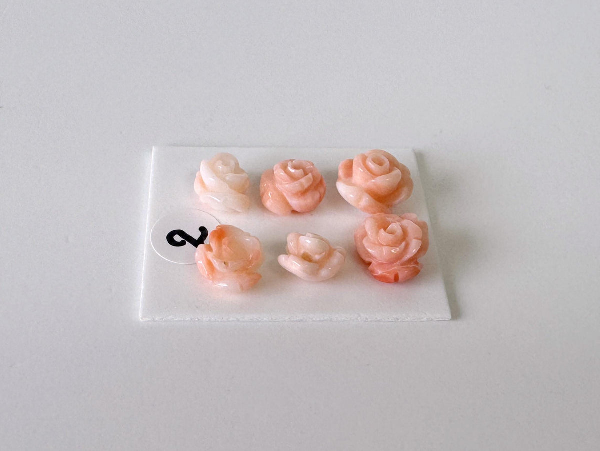Pink Coral Rose Carvings Handmade Beads, Natural Deep Sea Coral (Value Priced Set, Drilled Holes, 6pcs 7-9mm)