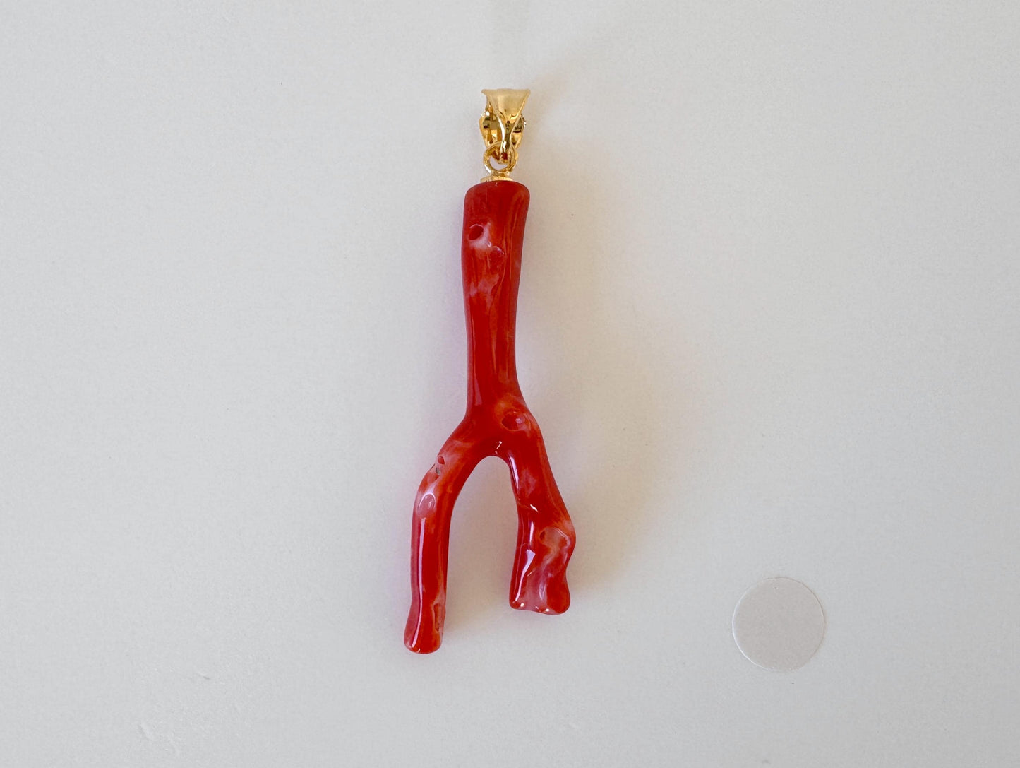 Natural Red Coral Branch Pendant: Japanese Aka Coral, Gold Plated Silver Bail, 40mm