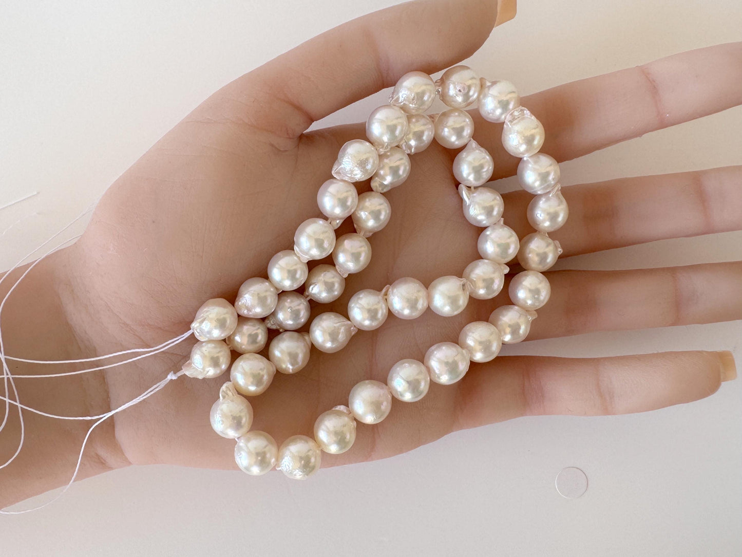 Japanese Akoya Pearl Strand 8.5-9mm Baroque Beads, White Pink Overtone (40cm, Saltwater Cultured)