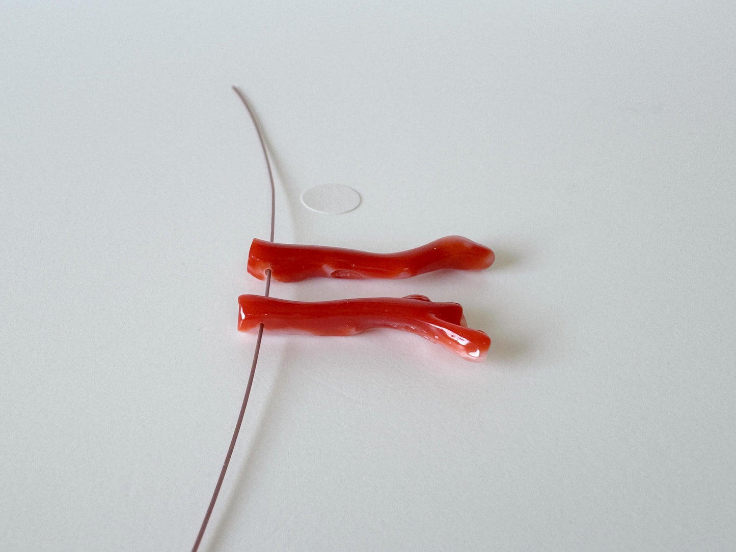 Japanese red(Aka) coral branch set for 2pcs, 25-27mm, side full hole, natural red color coral for jewelry making