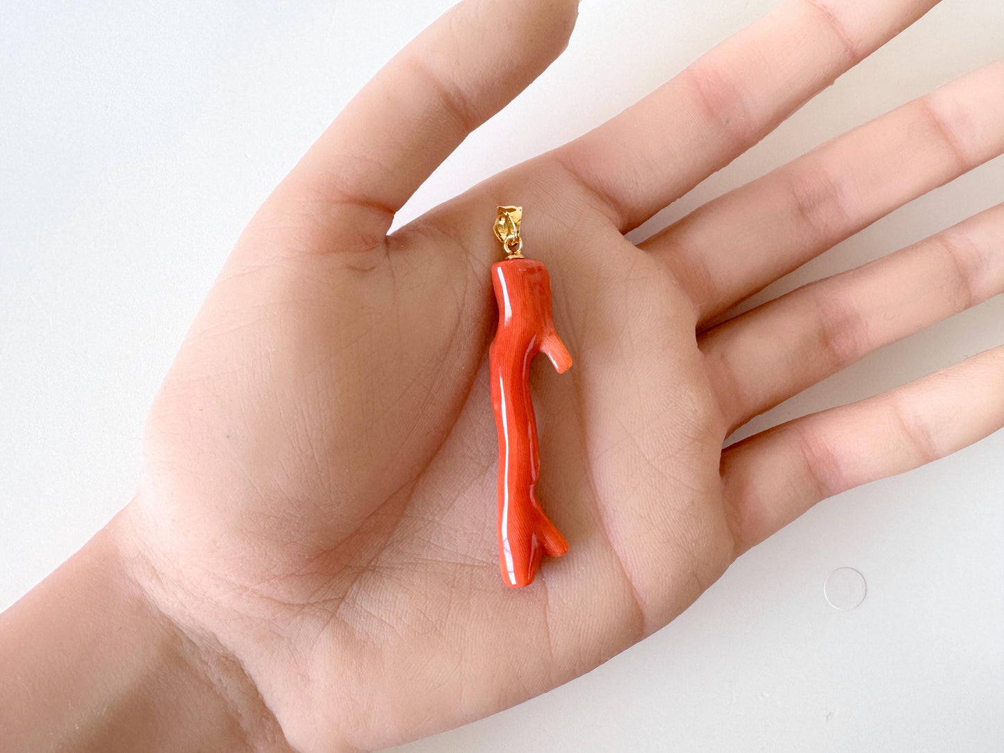 Momo Coral Branch Pendant: Natural Japanese Orange Coral Jewelry (48mm Length, Silver Gold-Plated Bail)