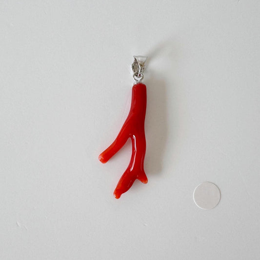 Natural Red (Aka) Coral Branch Pendant, Oxblood, Natural Color Japanese Coral, Length 32mm, Silver bail (rhodium plated)
