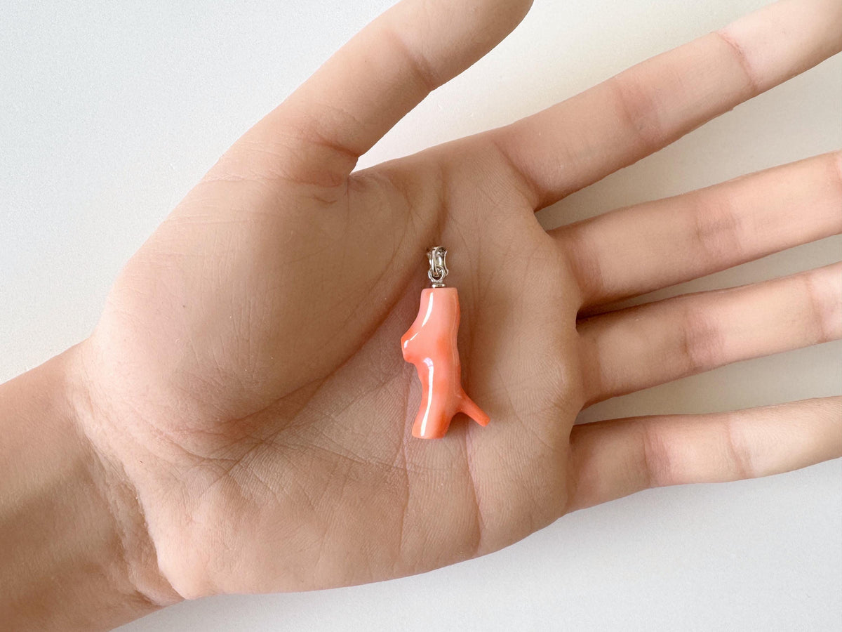 Coral Branch Pendant: Natural Pink Orange Deep Sea Coral, Silver Rhodium-Plated Bail | 27mm, Jewelry Accessory