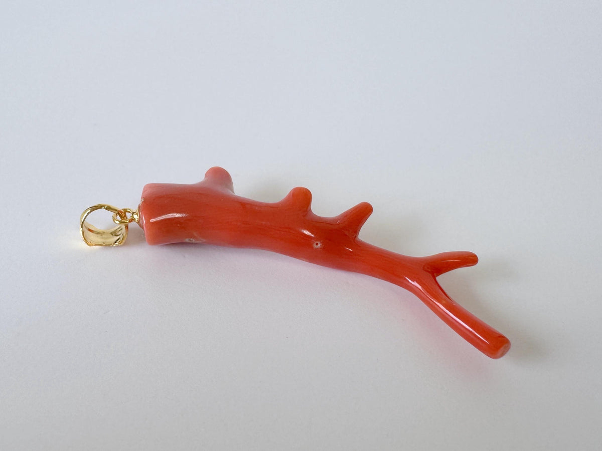 Momo Coral Branch Pendant: Natural Japanese Orange Coral Jewelry (44mm Size, Silver Gold-Plated Bail, Genuine Supply)