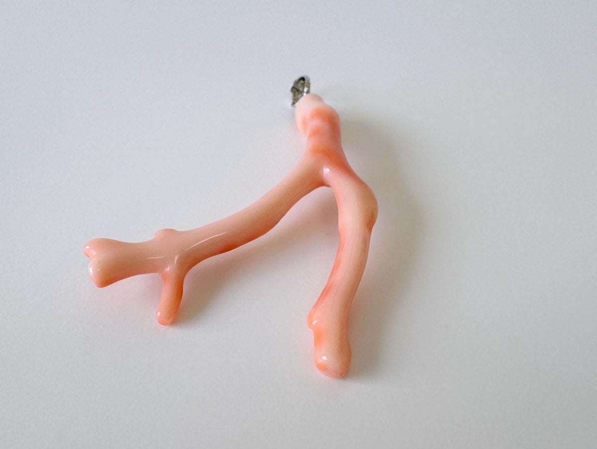 Coral Branch Pendant - Natural Deep Sea Coral Jewelry - Pink Orange Branch, Rhodium-Plated Silver Bail, 54mm Length