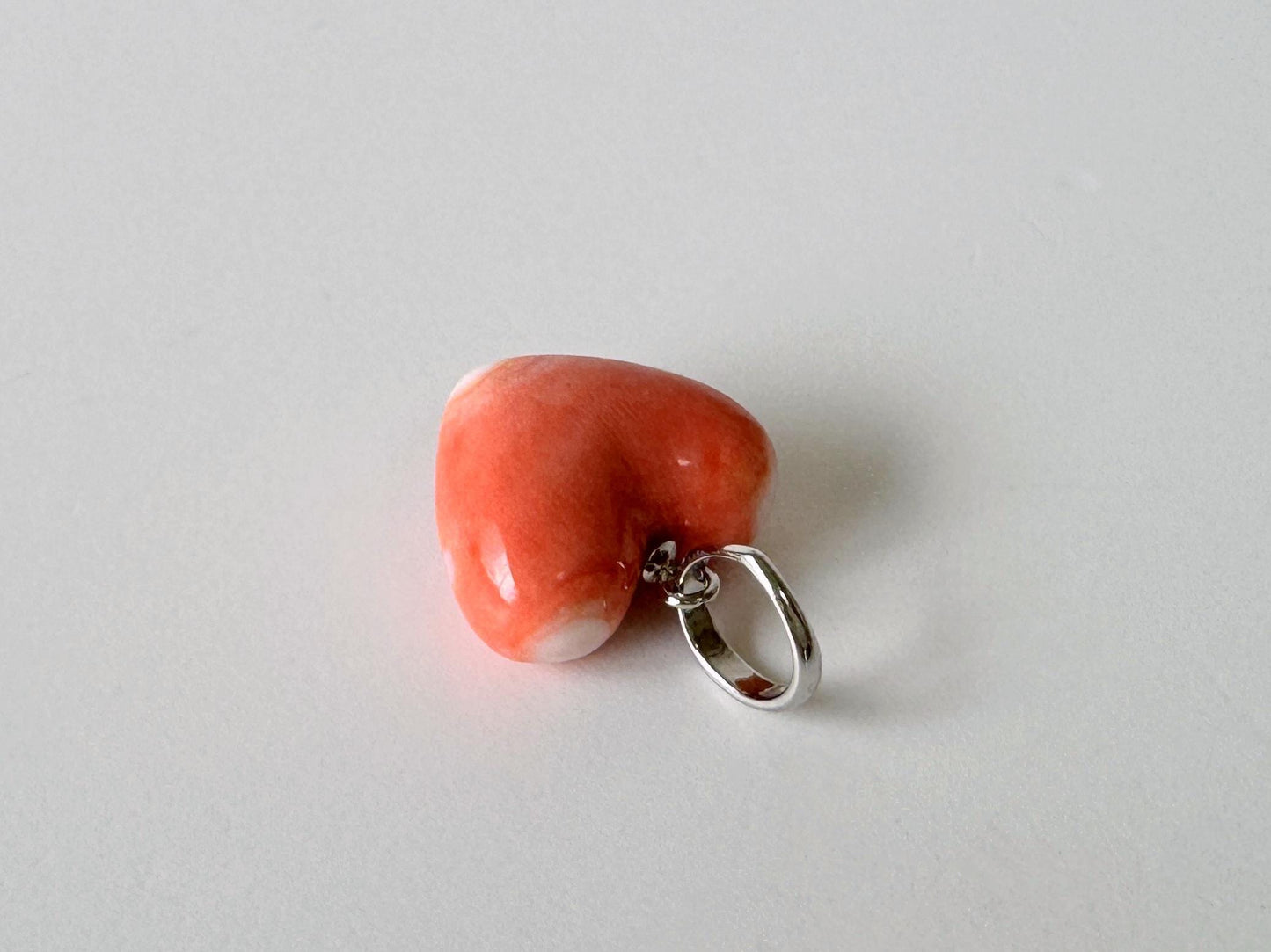 Orange Momo Coral Pendant - Natural Heart Shaped Coral Jewelry - Silver Bail (Rhodium-Plated), Genuine Material, 13.7x15.3mm
