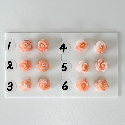 Natural Deep Sea Coral Rose Carvings 7-8mm, Pink/Orange Roses, Natural color, Price per Pair, For Studs and Earrings, For Jewelry Making