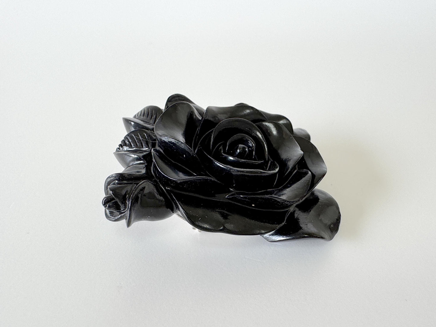 Jet Rose Carving Pendant/Brooch, 42x35mm, Silver, Unused vintage