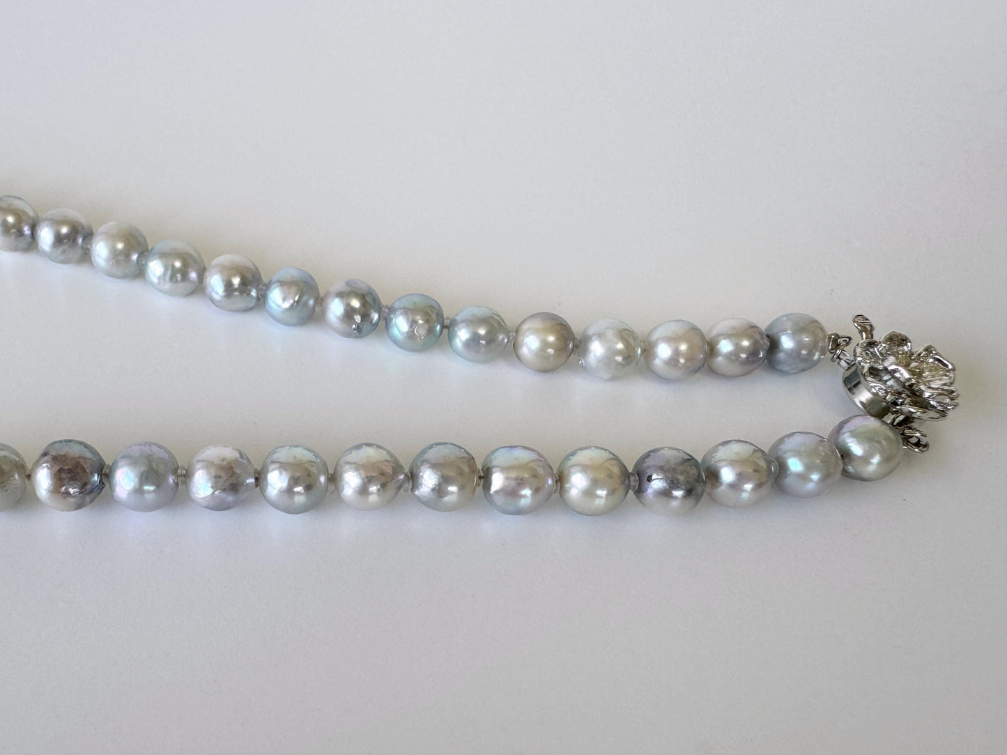 Japanese Akoya Pearl : Natural Blue Silver Color - Cultured Saltwater Pearls, 7-7.5mm Beads, Silver Clasp Necklace, 45cm