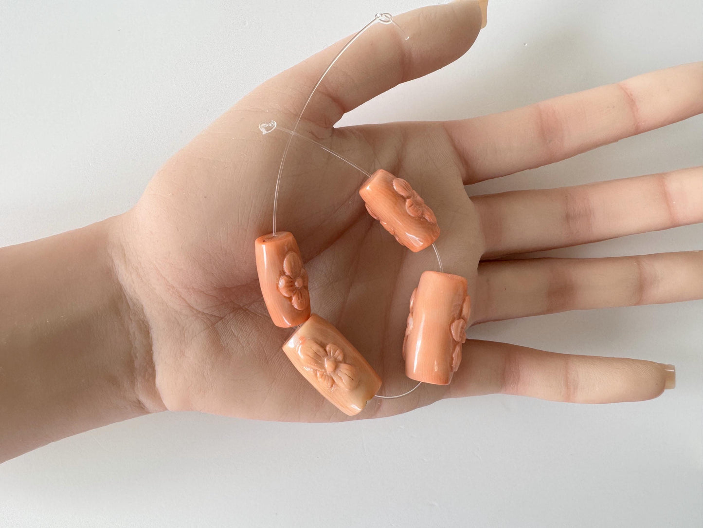 Orange Bamboo Coral Short Strand Beads, Set of 4 pcs., Flower-Carved Cylinder Shaped Beads, Orange Sea Bamboo, price per strand  (dyed)