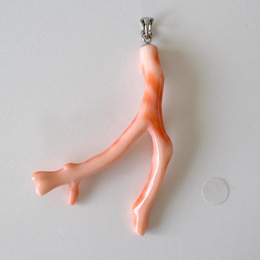 Coral Branch Pendant - Natural Deep Sea Coral Jewelry - Pink Orange Branch, Rhodium-Plated Silver Bail, 54mm Length